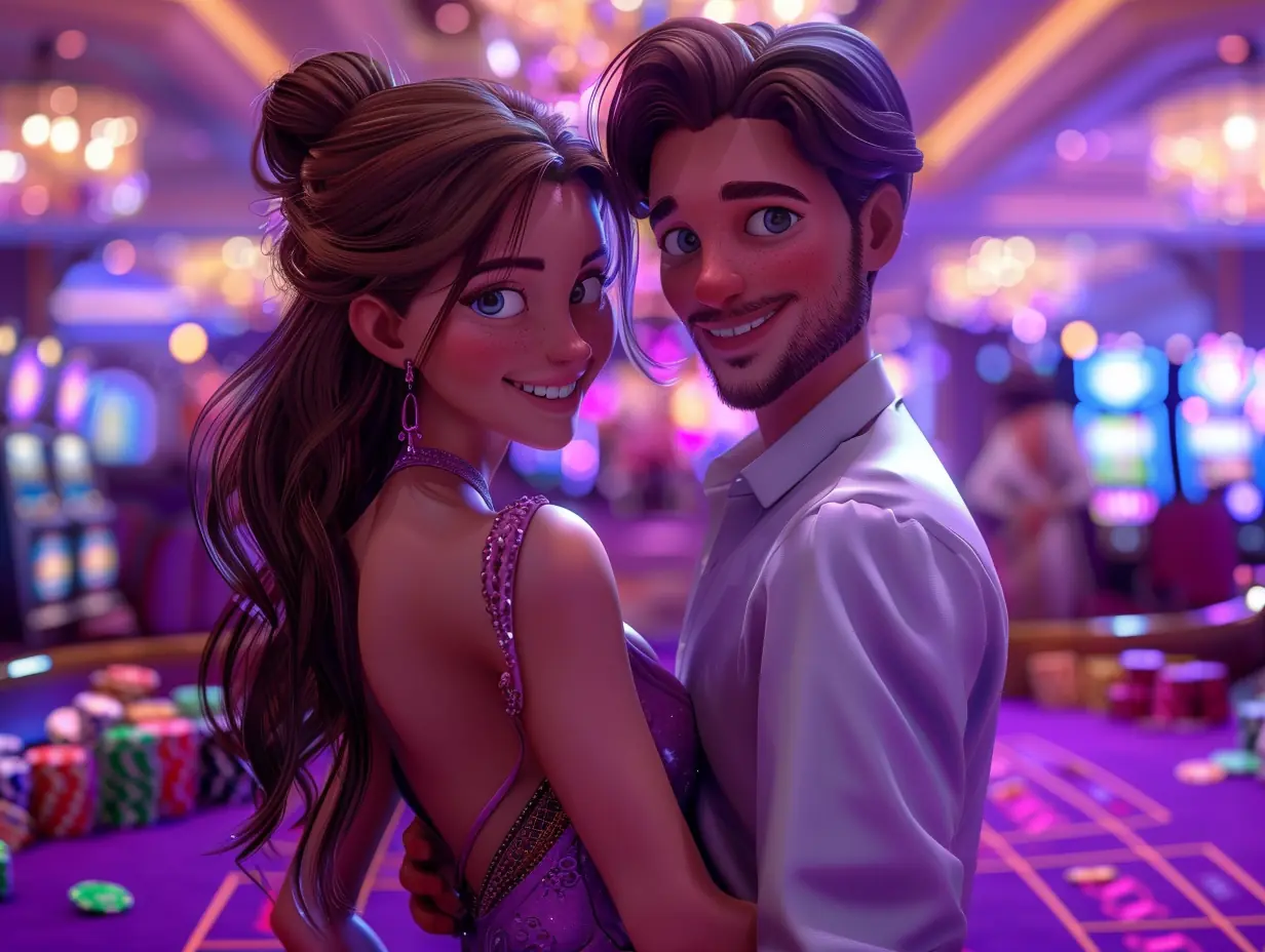 Pareja festejando frente a una mesa de casino iluminada